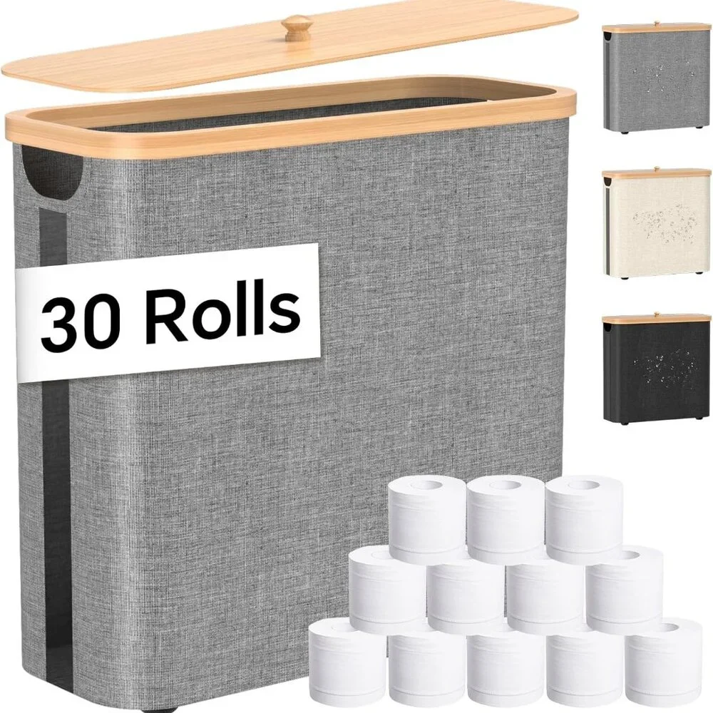 Toilet Paper Storage w/Bamboo Lid, 33.8L Foldable Toilet Paper Basket Organizer